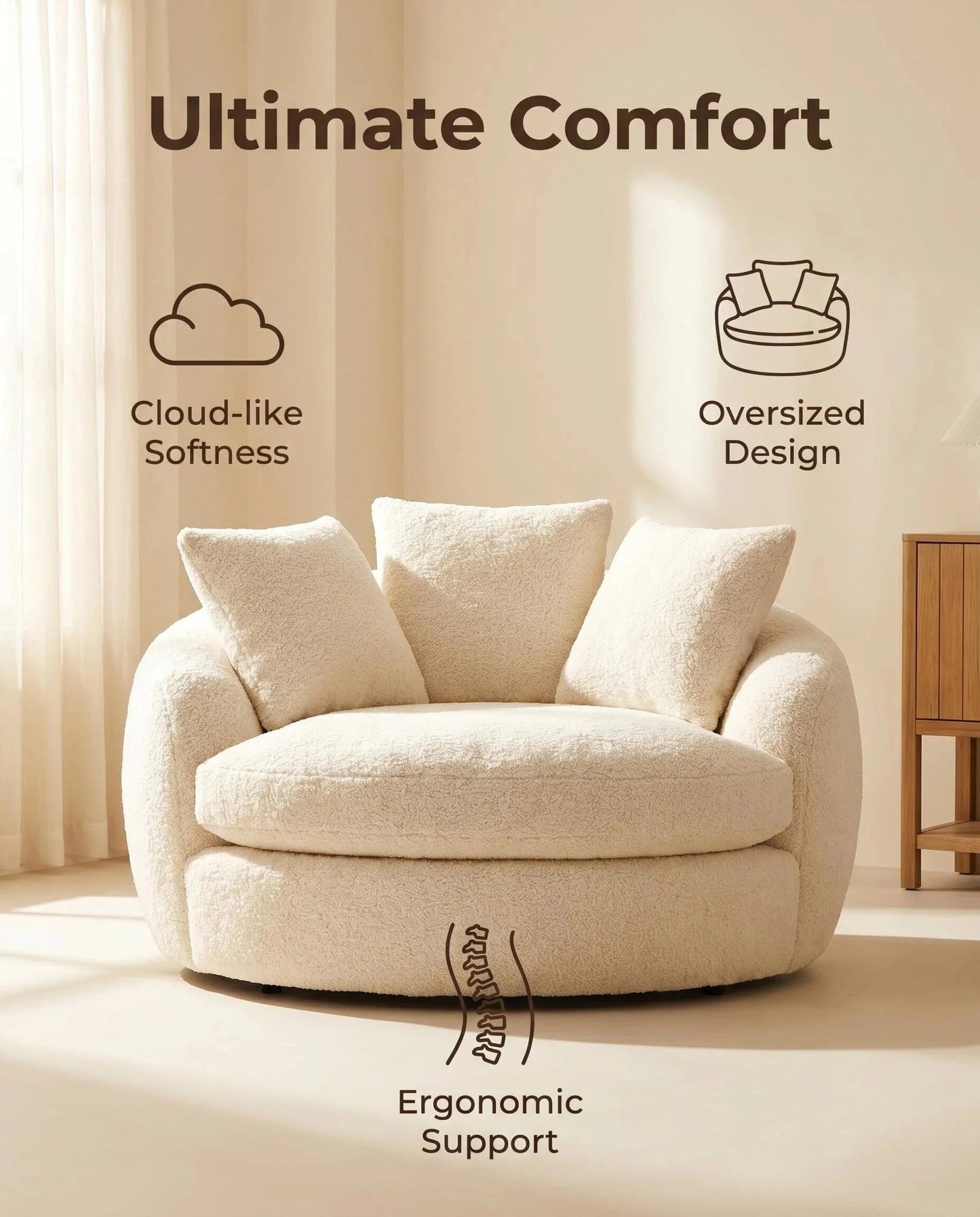 🛋️ Oversized Teddy Fleece Swivel Barrel Chair Fluffy Round Accent Lounge Chair with Pillows for Living Room Bedroom